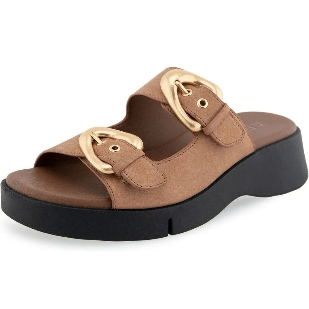 Aerosoles - Women’s Faith Slide Sandals Tan Leather Chunky Platform Comfort